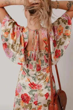 Online Dear-Lover Vintage Floral V Neck Short Sleeve Tie Back Long Slit Dress Multicolour