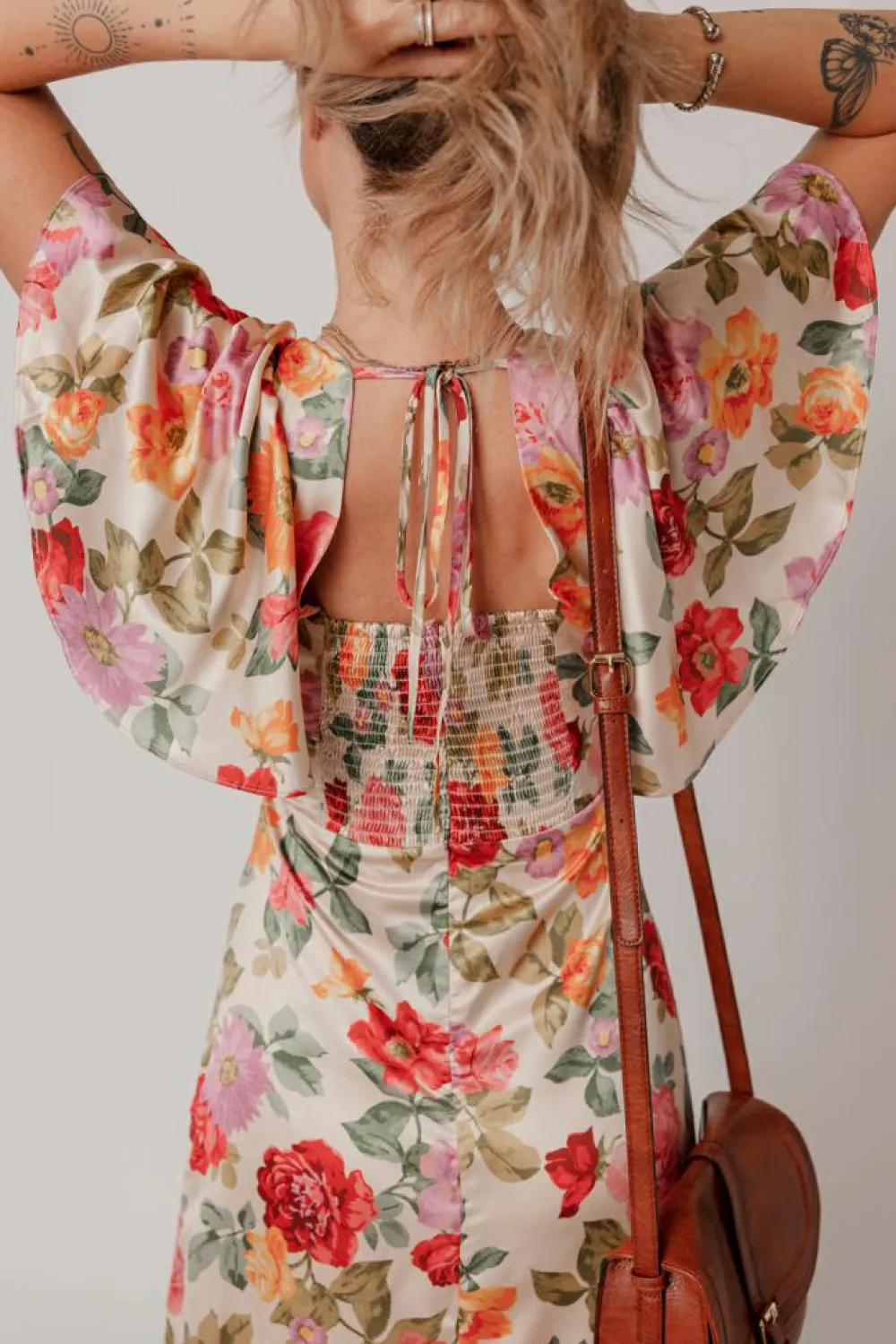 Online Dear-Lover Vintage Floral V Neck Short Sleeve Tie Back Long Slit Dress Multicolour