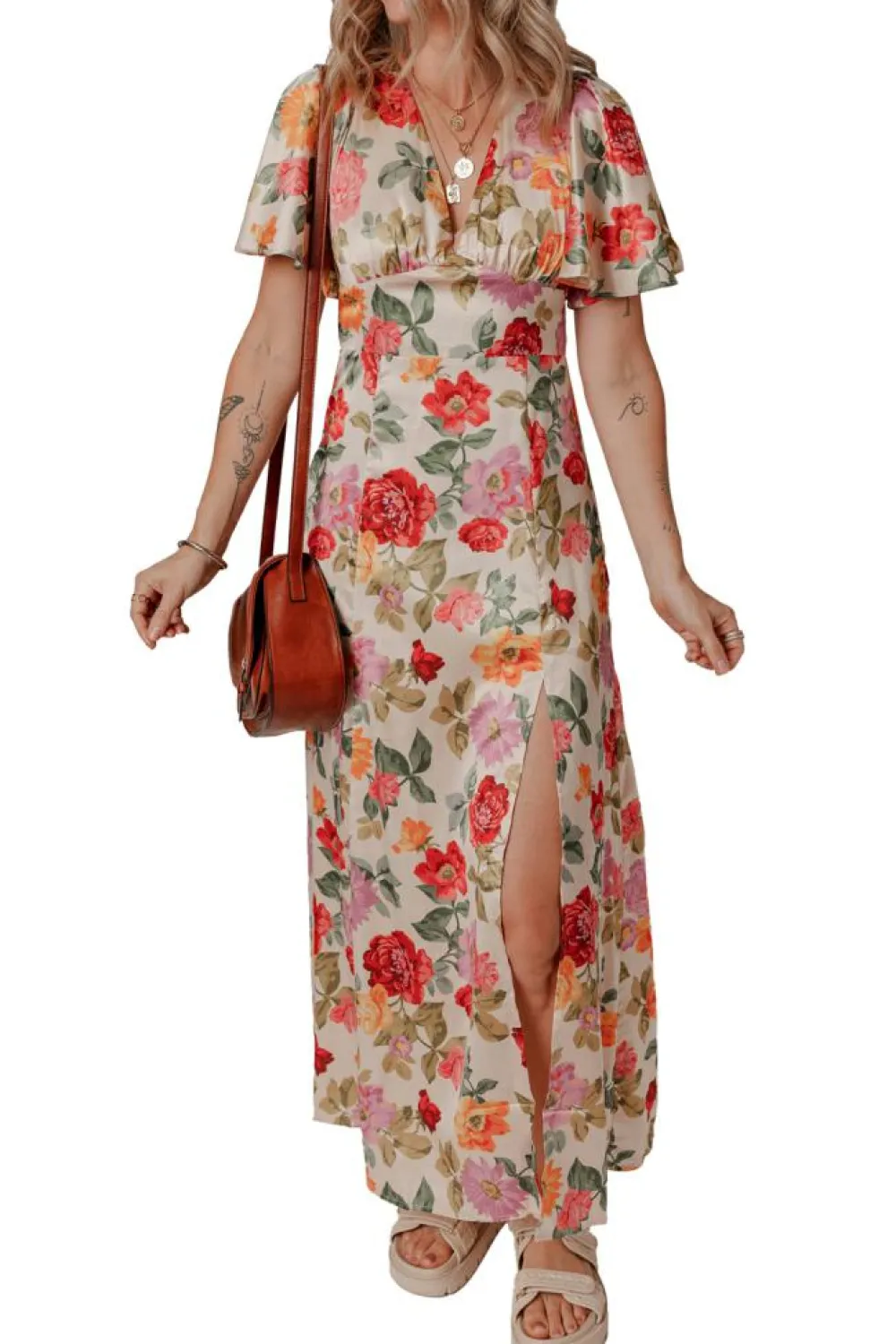 Online Dear-Lover Vintage Floral V Neck Short Sleeve Tie Back Long Slit Dress Multicolour