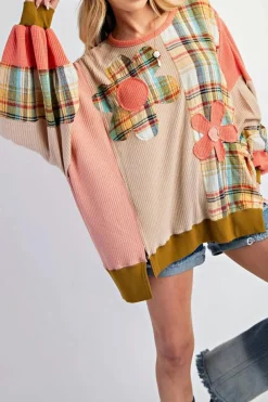 Hot Dear-Lover Waffle Knit Plaid Patchwork Side Slits Loose Sweatshirt Multicolour
