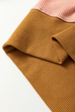 Hot Dear-Lover Waffle Knit Plaid Patchwork Side Slits Loose Sweatshirt Multicolour