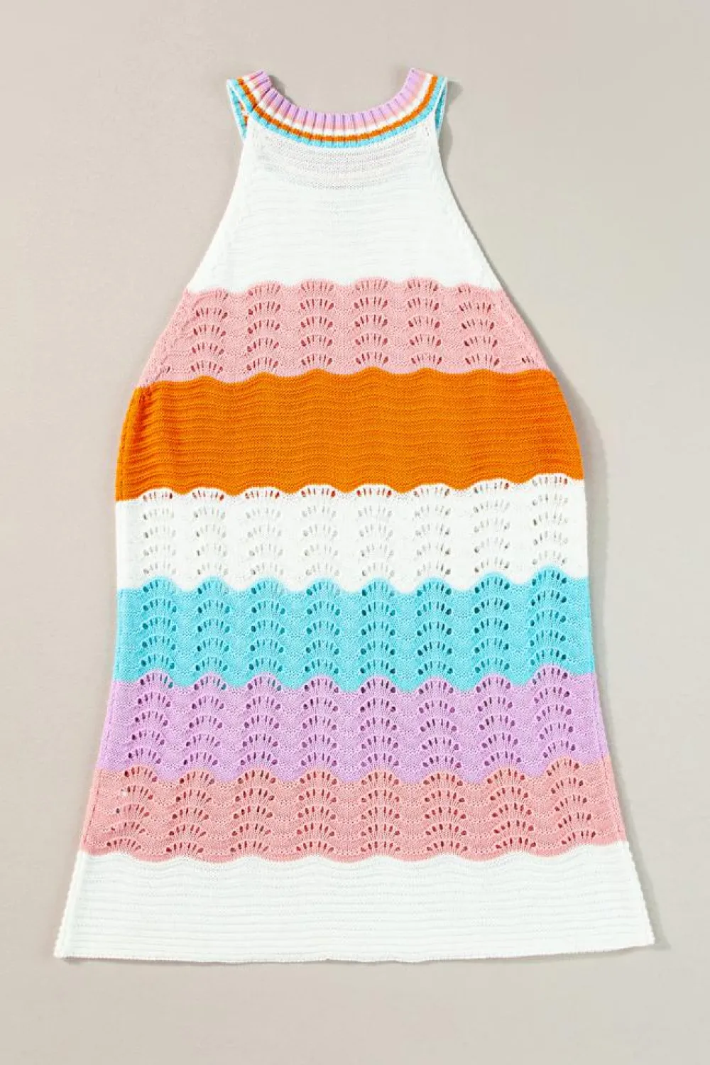 Fashion Dear-Lover Wavy Striped Print Textured Knit Sleeveless Sweater Top Multicolour