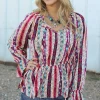 Discount Dear-Lover Western Aztec Split Neck Peplum Blouse Multicolour
