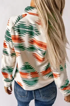 Sale Dear-Lover Western Aztec Snap Buttoned Fleece Jacket Multicolour