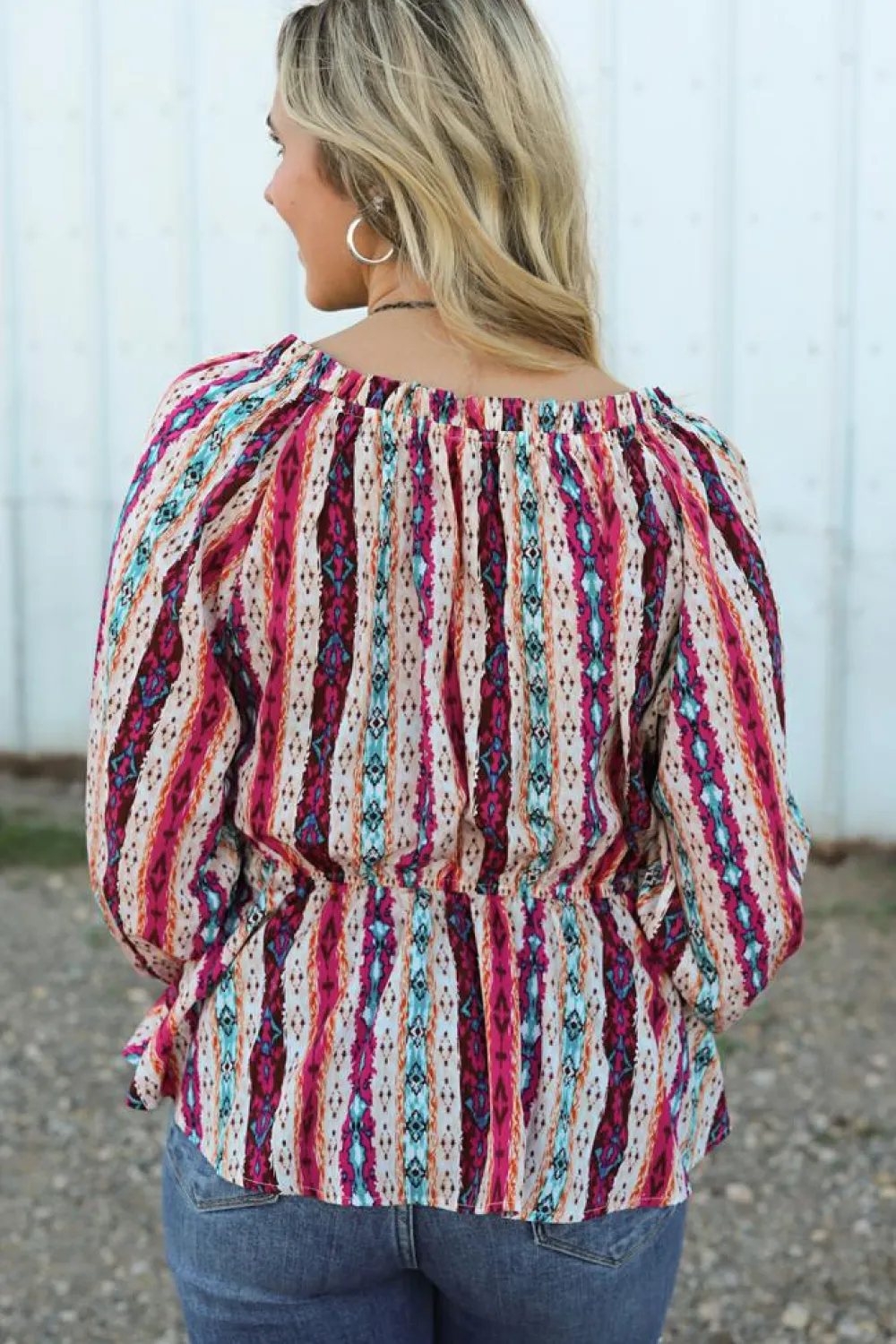 Discount Dear-Lover Western Aztec Split Neck Peplum Blouse Multicolour