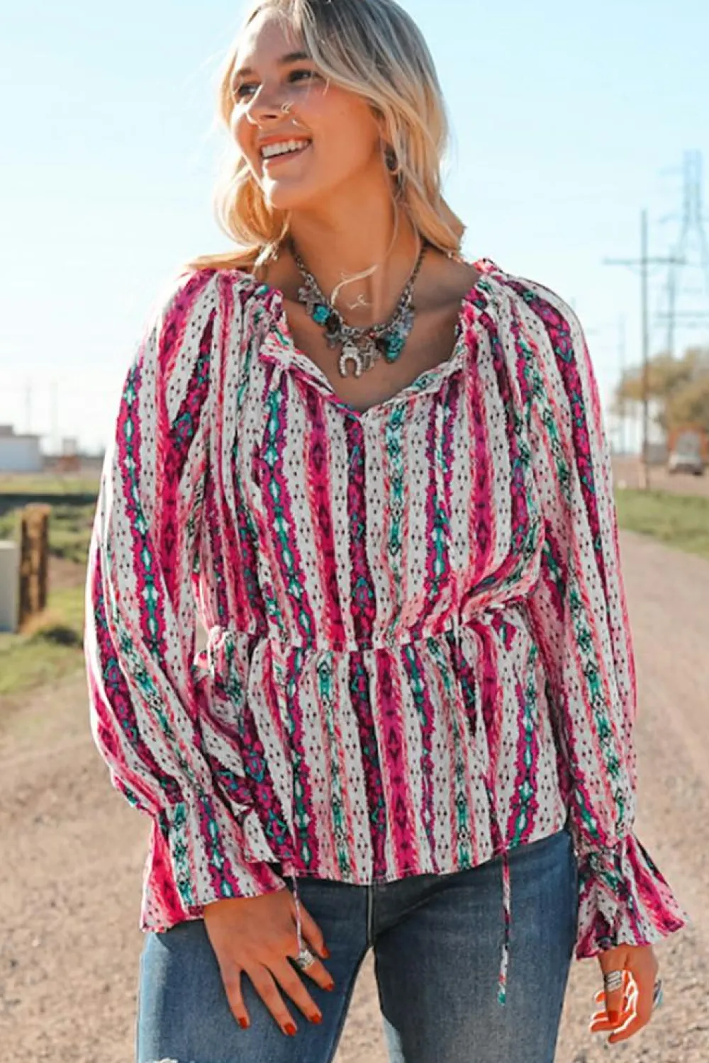 Discount Dear-Lover Western Aztec Split Neck Peplum Blouse Multicolour
