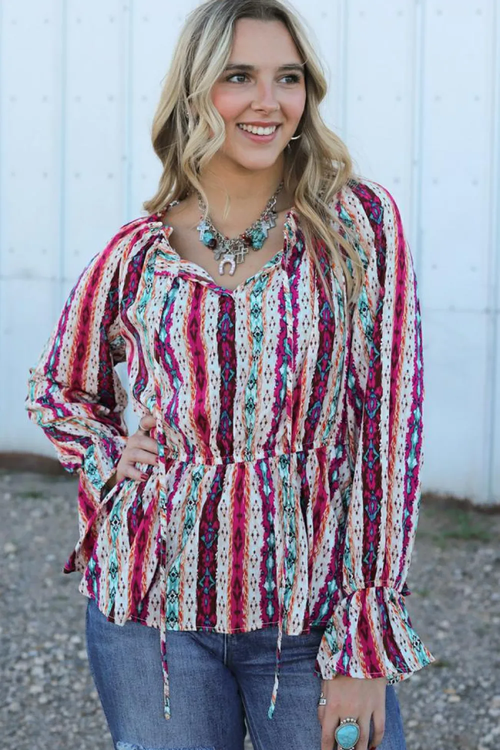 Discount Dear-Lover Western Aztec Split Neck Peplum Blouse Multicolour