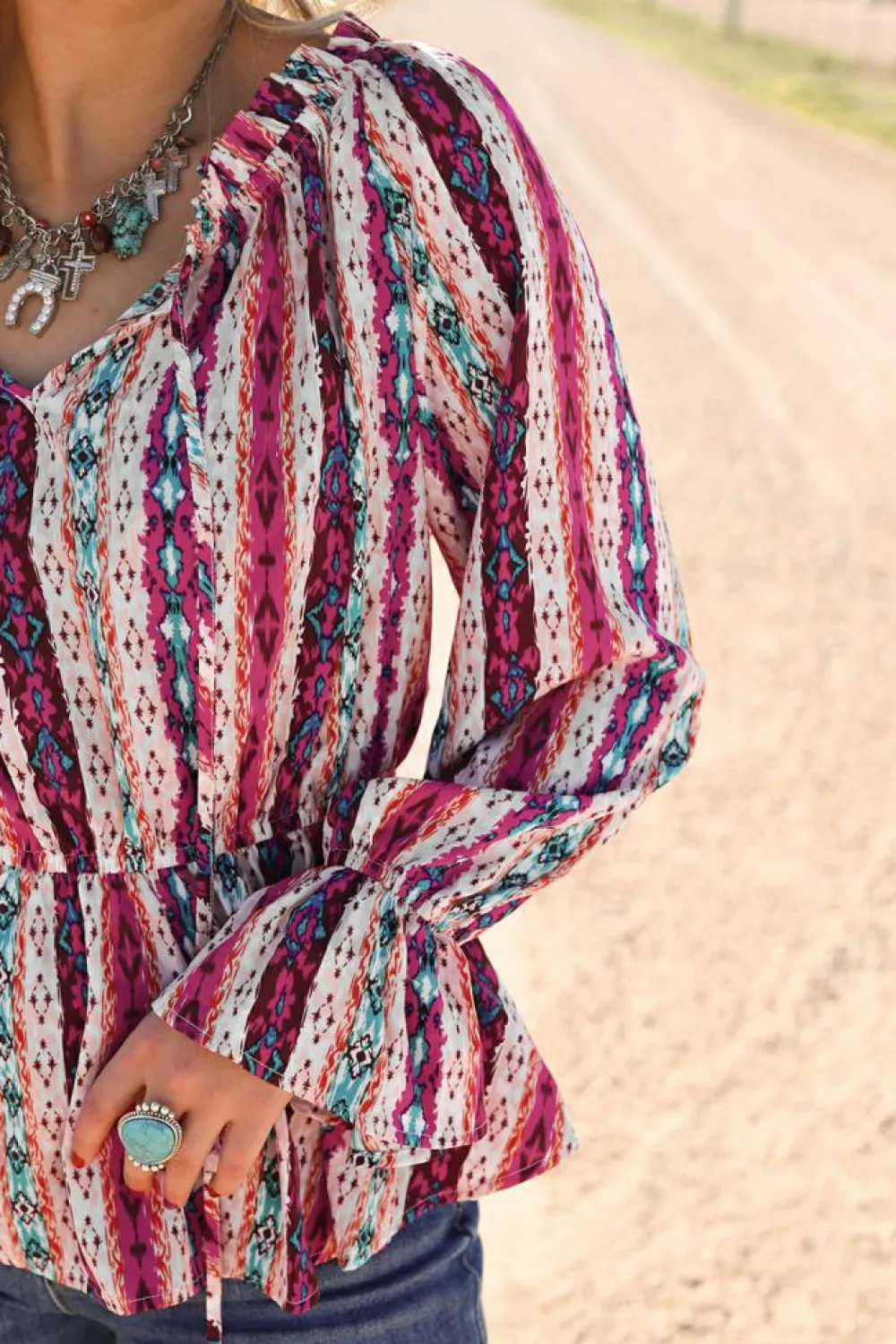 Discount Dear-Lover Western Aztec Split Neck Peplum Blouse Multicolour