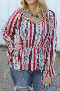 Discount Dear-Lover Western Aztec Split Neck Peplum Blouse Multicolour