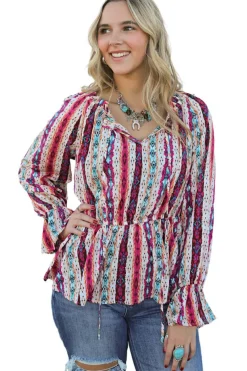 Discount Dear-Lover Western Aztec Split Neck Peplum Blouse Multicolour