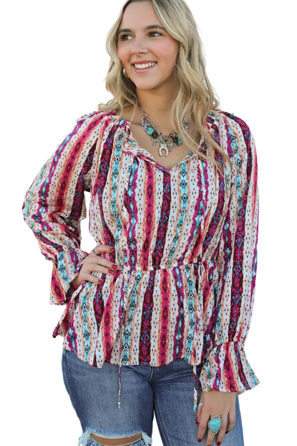 Discount Dear-Lover Western Aztec Split Neck Peplum Blouse Multicolour