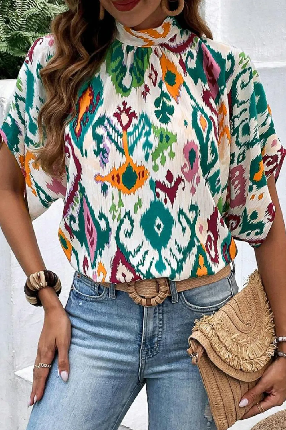 New Dear-Lover Western Print High Neck Bat Sleeve Blouse Multicolour