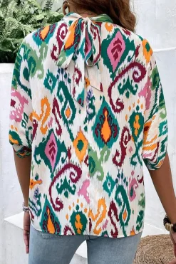 New Dear-Lover Western Print High Neck Bat Sleeve Blouse Multicolour