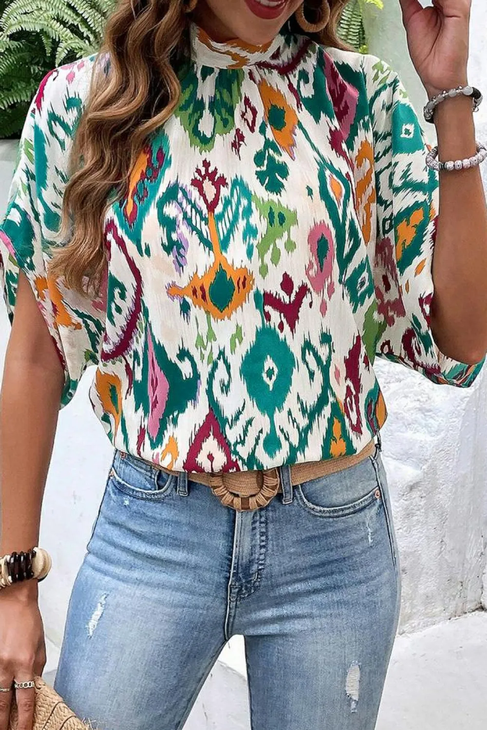 New Dear-Lover Western Print High Neck Bat Sleeve Blouse Multicolour