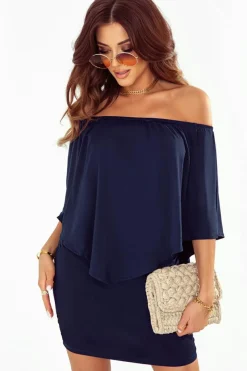 Discount Dear-Lover Multiple Dressing Layered Dark Blue Mini Poncho Dress Navy Blue
