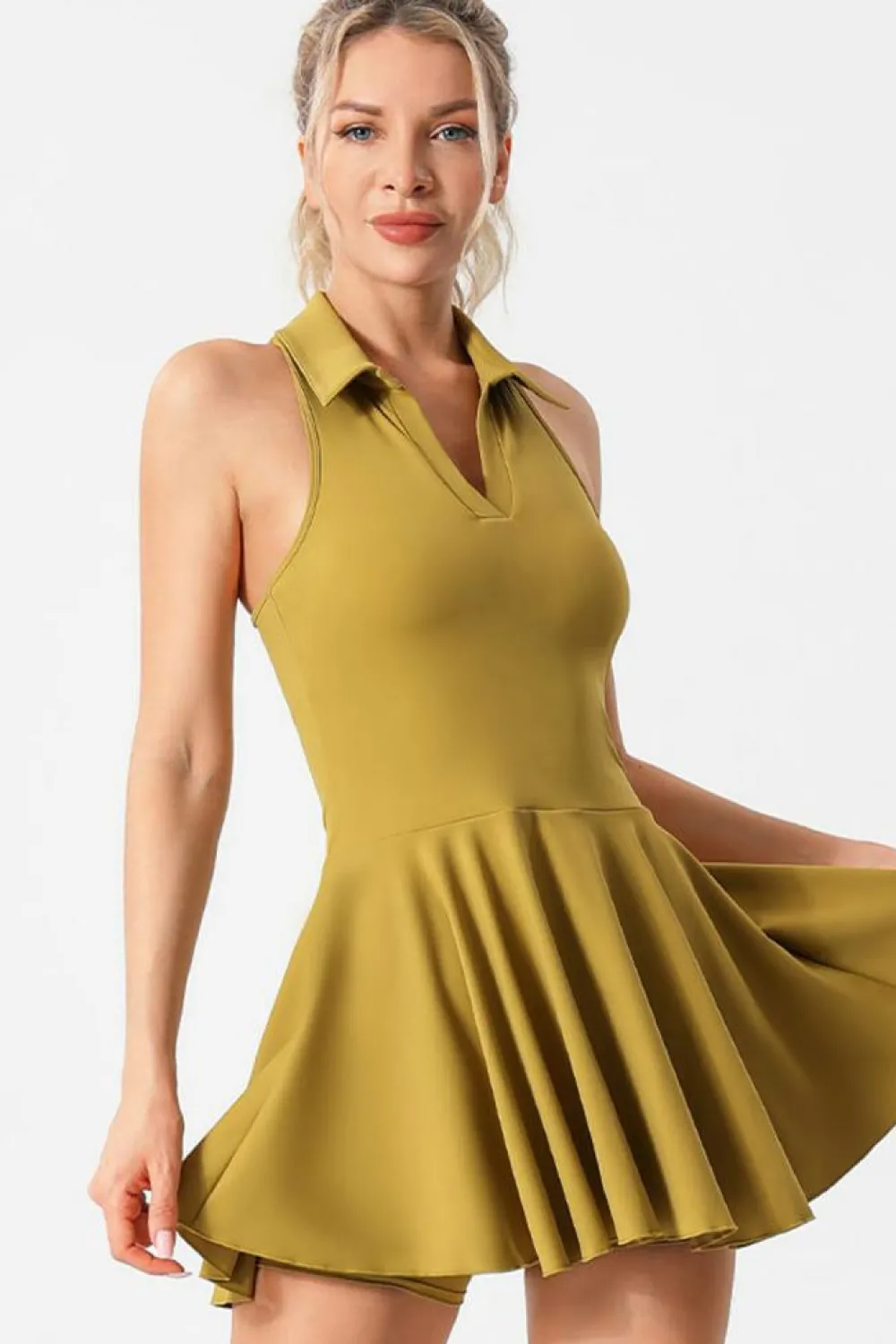 Hot Dear-Lover V Neck Sleeveless Active Pleated Dress Mustard