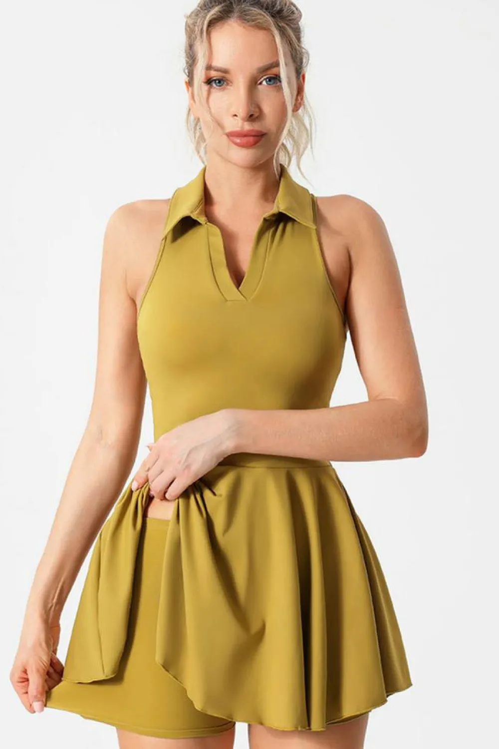 Hot Dear-Lover V Neck Sleeveless Active Pleated Dress Mustard