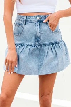 Discount Dear-Lover Bubble Hem Denim Mini Skirt Myosotis