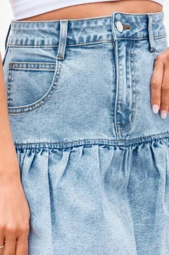 Discount Dear-Lover Bubble Hem Denim Mini Skirt Myosotis