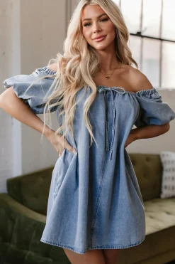 New Dear-Lover Bubble Sleeve Square Neck Denim Babydoll Dress Myosotis