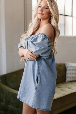 New Dear-Lover Bubble Sleeve Square Neck Denim Babydoll Dress Myosotis