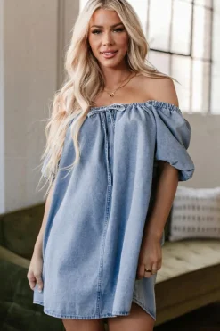 New Dear-Lover Bubble Sleeve Square Neck Denim Babydoll Dress Myosotis