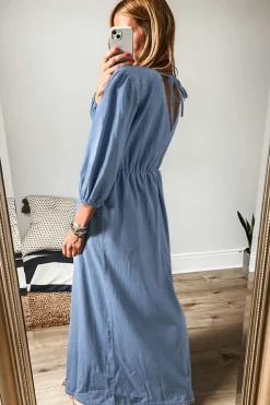 Clearance Dear-Lover Chambray Deep V Neck Bracelet Sleeve Maxi Dress Myosotis