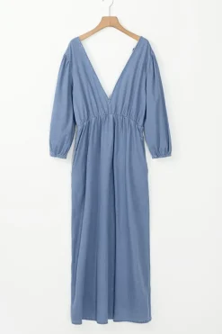 Clearance Dear-Lover Chambray Deep V Neck Bracelet Sleeve Maxi Dress Myosotis
