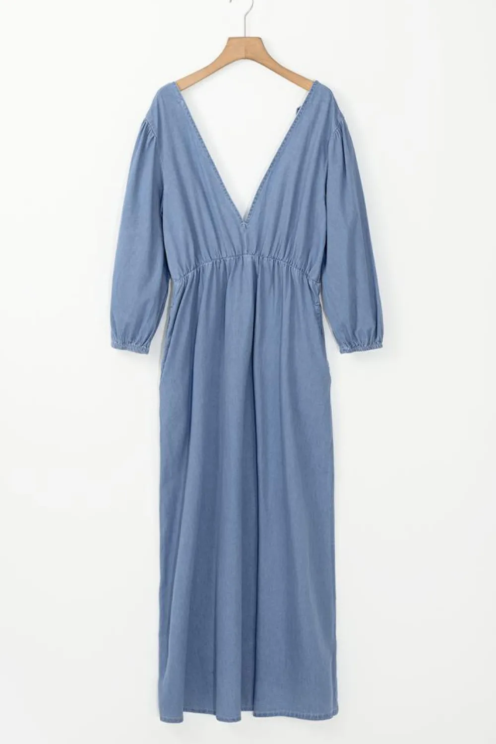 Clearance Dear-Lover Chambray Deep V Neck Bracelet Sleeve Maxi Dress Myosotis