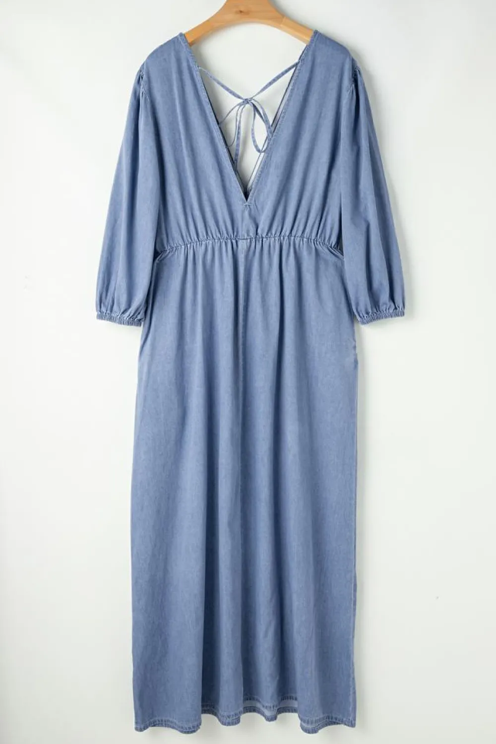 Clearance Dear-Lover Chambray Deep V Neck Bracelet Sleeve Maxi Dress Myosotis