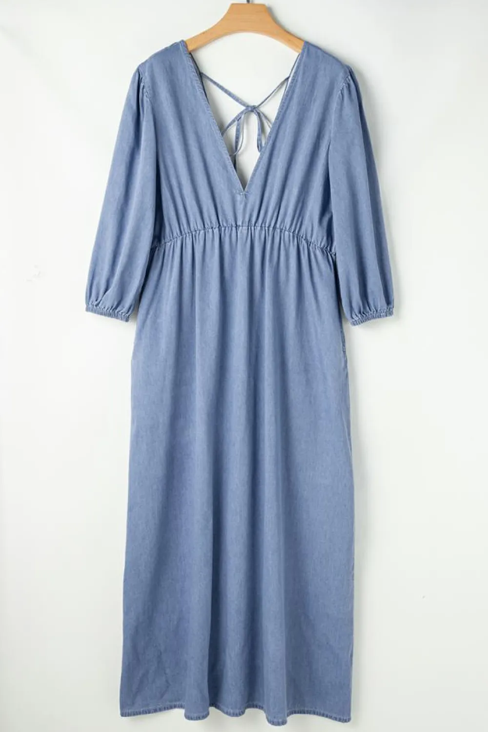 Clearance Dear-Lover Chambray Deep V Neck Bracelet Sleeve Maxi Dress Myosotis