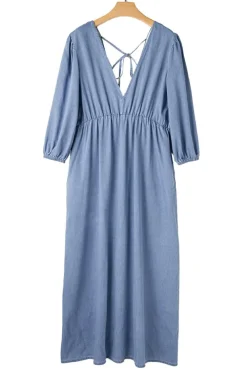Clearance Dear-Lover Chambray Deep V Neck Bracelet Sleeve Maxi Dress Myosotis