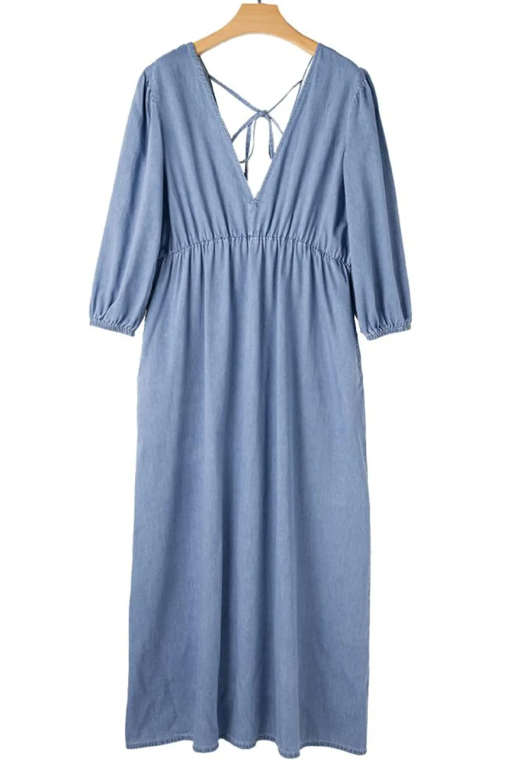 Clearance Dear-Lover Chambray Deep V Neck Bracelet Sleeve Maxi Dress Myosotis