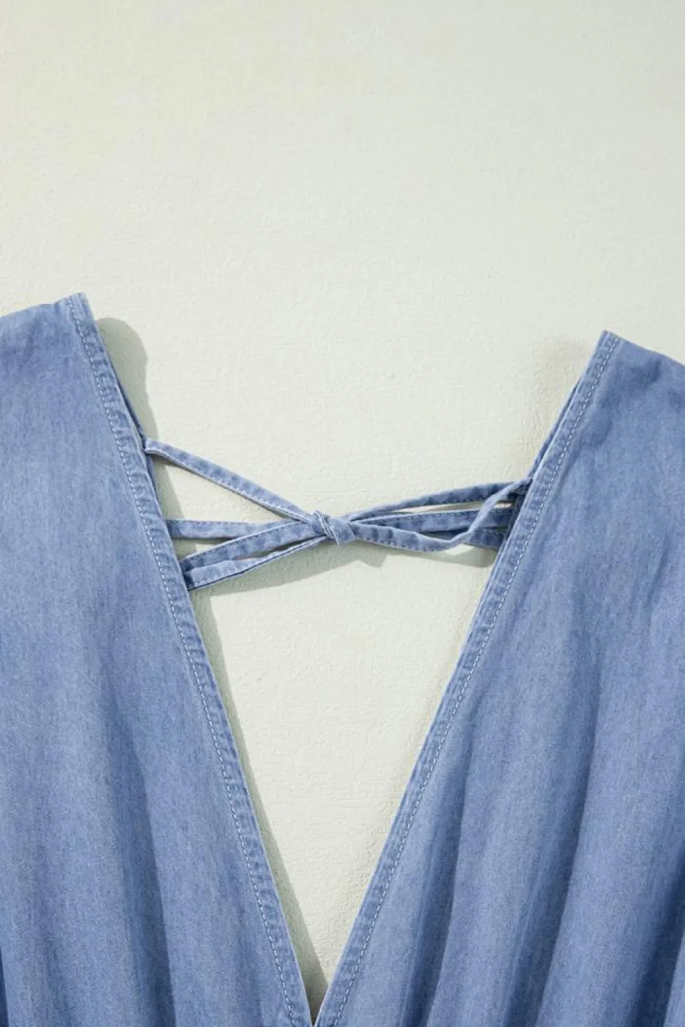 Clearance Dear-Lover Chambray Deep V Neck Bracelet Sleeve Maxi Dress Myosotis