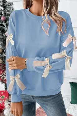 Sale Dear-Lover Contrast Bow Decor Dropped Sleeve Crewneck Sweatshirt Myosotis