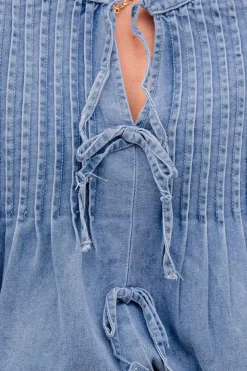 Clearance Dear-Lover Denim Front Pintuck Bow Tie Puff Sleeve Top Myosotis