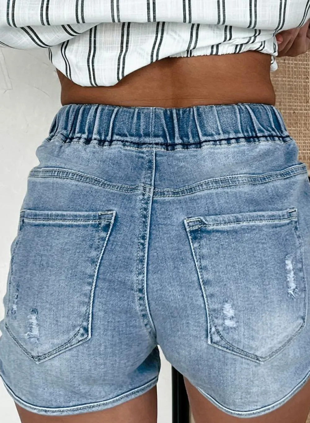 Fashion Dear-Lover Drawstring High Waist Distressed Denim Shorts Myosotis