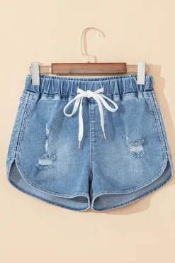 Fashion Dear-Lover Drawstring High Waist Distressed Denim Shorts Myosotis
