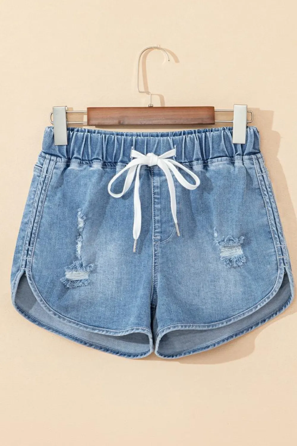 Fashion Dear-Lover Drawstring High Waist Distressed Denim Shorts Myosotis