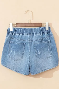 Fashion Dear-Lover Drawstring High Waist Distressed Denim Shorts Myosotis