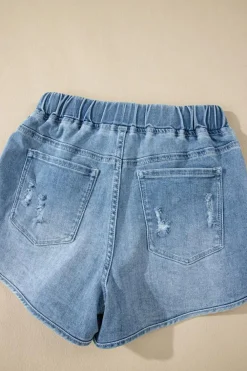 Fashion Dear-Lover Drawstring High Waist Distressed Denim Shorts Myosotis
