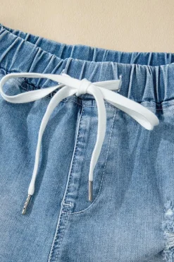 Fashion Dear-Lover Drawstring High Waist Distressed Denim Shorts Myosotis