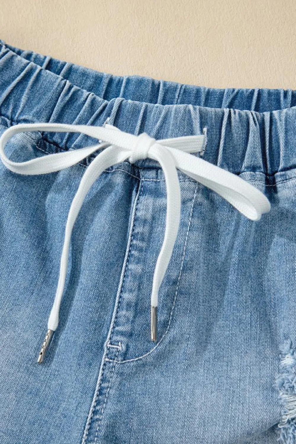 Fashion Dear-Lover Drawstring High Waist Distressed Denim Shorts Myosotis
