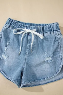 Fashion Dear-Lover Drawstring High Waist Distressed Denim Shorts Myosotis