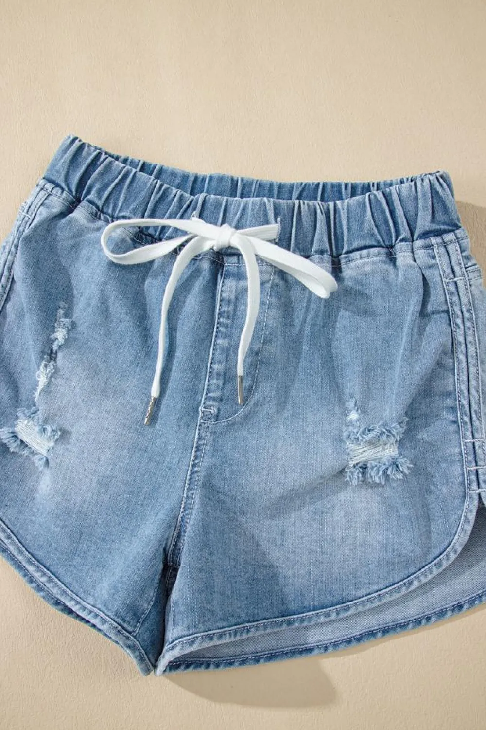 Fashion Dear-Lover Drawstring High Waist Distressed Denim Shorts Myosotis
