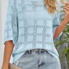 New Dear-Lover Eyelet Checker Knit Half Sleeve Top Myosotis