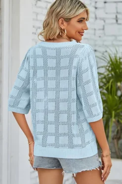 New Dear-Lover Eyelet Checker Knit Half Sleeve Top Myosotis