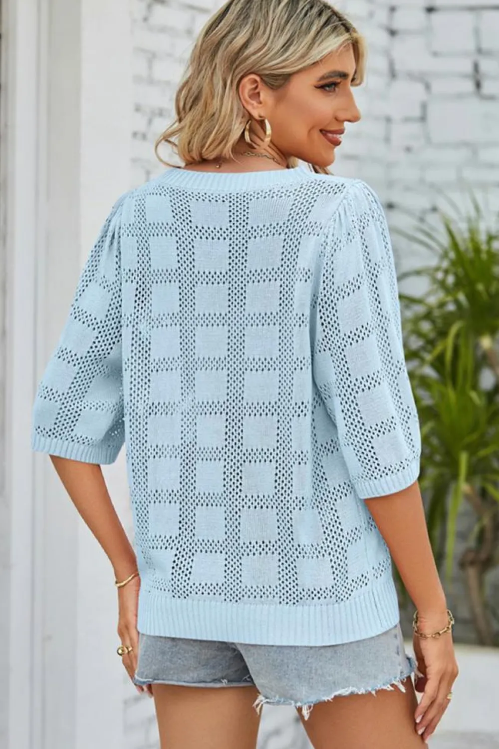 New Dear-Lover Eyelet Checker Knit Half Sleeve Top Myosotis