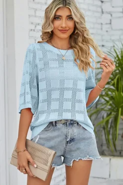 New Dear-Lover Eyelet Checker Knit Half Sleeve Top Myosotis