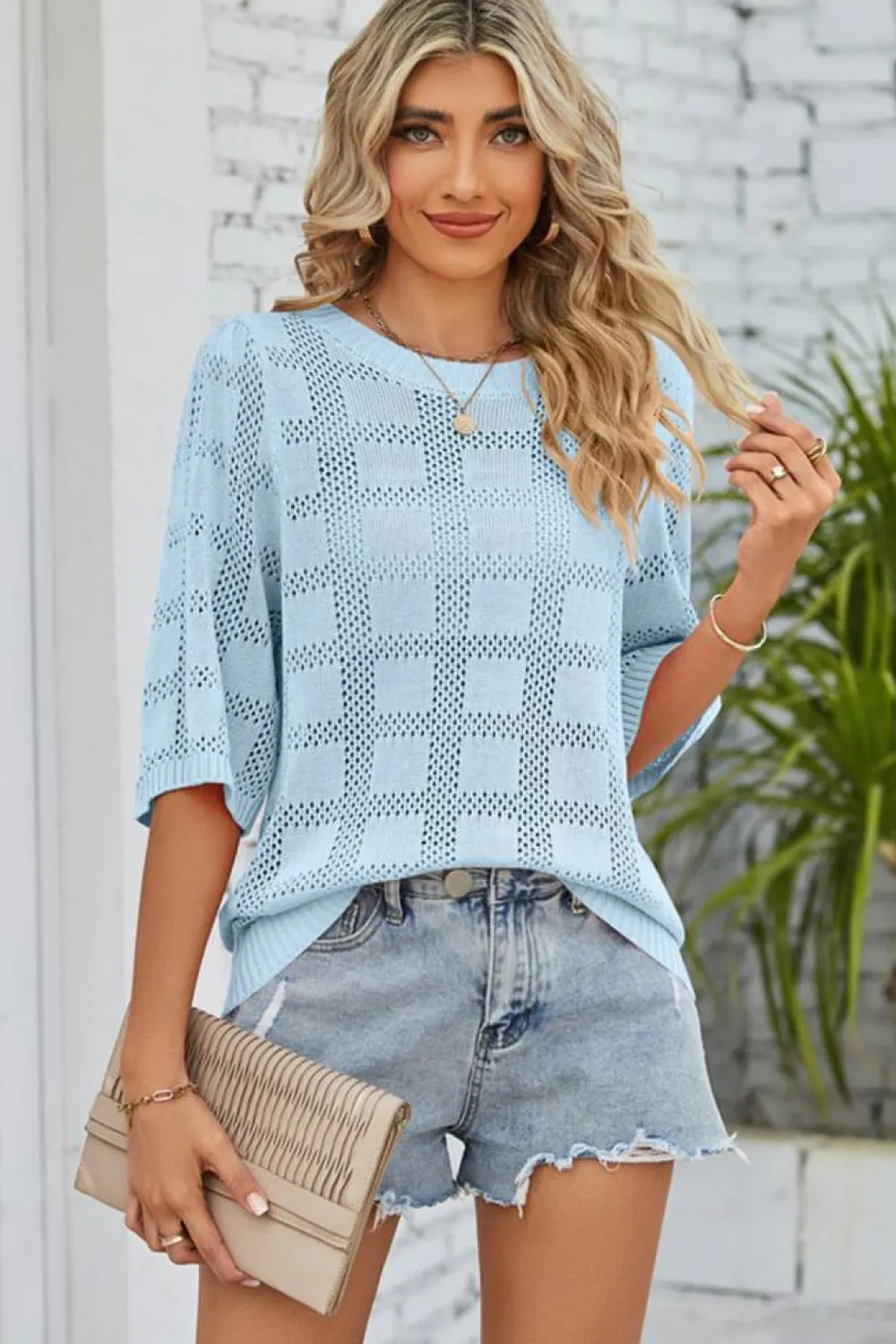 New Dear-Lover Eyelet Checker Knit Half Sleeve Top Myosotis